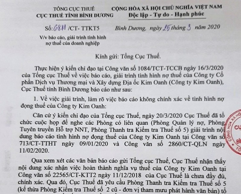 Cục thuế Bình Dương đã nhận sai trong việc xác nhận nợ thuế của Công ty Kim Oanh