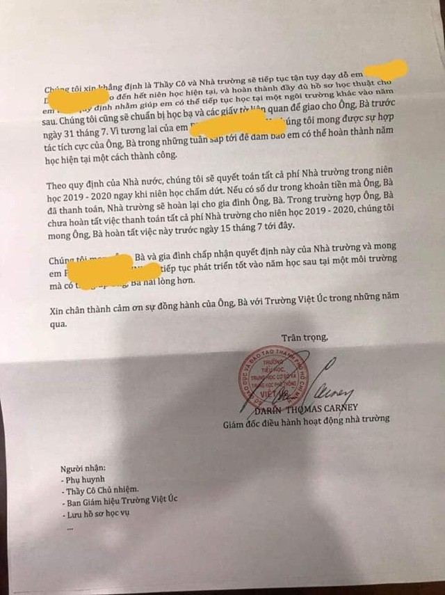 Nhiều phụ huynh trường Quốc tế Việt Úc sốc nặng khi nhận thư không thể tiếp tục tiếp nhận, dù học phí đã đóng đầy đủ và con đang học cuối cấp - Ảnh 2.