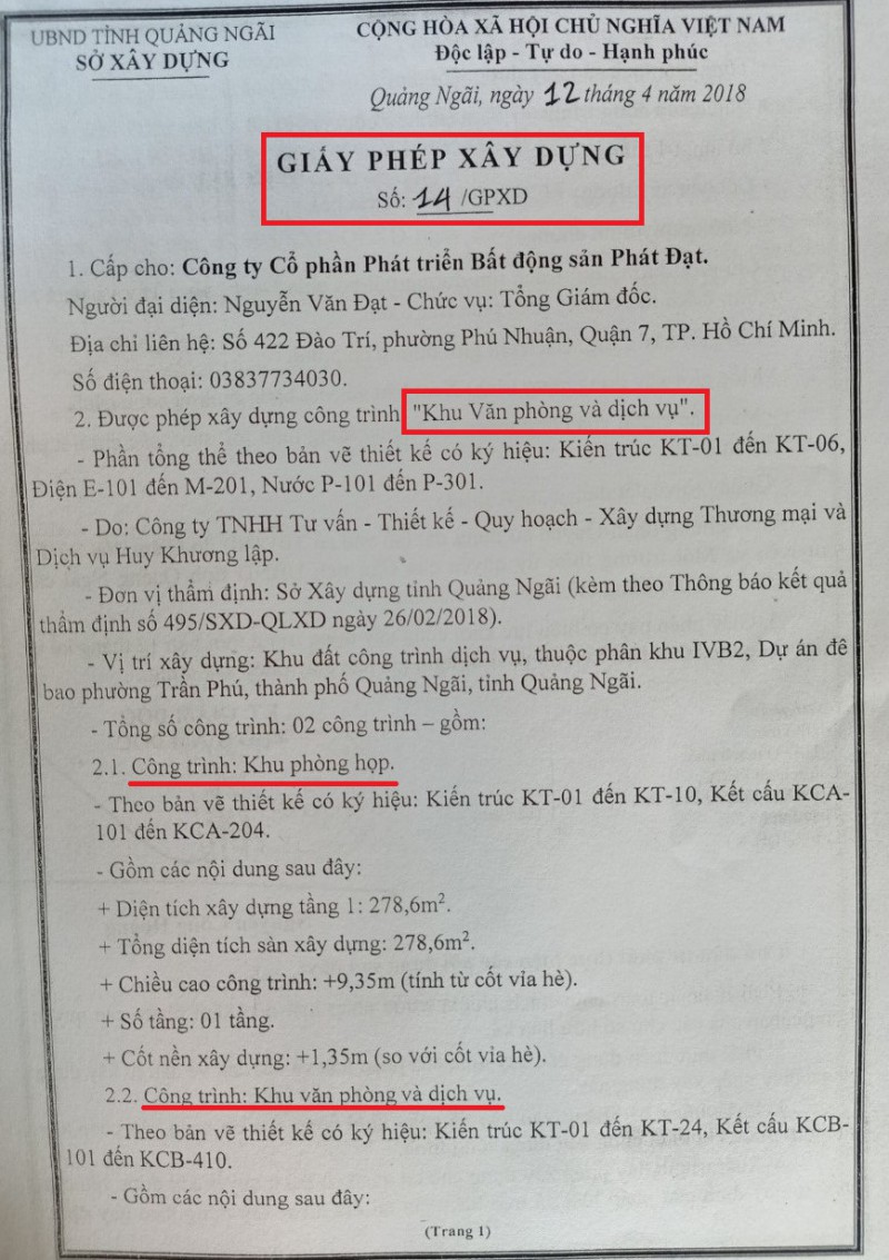 Giấy phép xây dựng “khu văn phòng và dịch vụ” nhưng Công ty Phát Đạt không có bảng hiệu và không hoạt động kinh doanh dịch vụ.