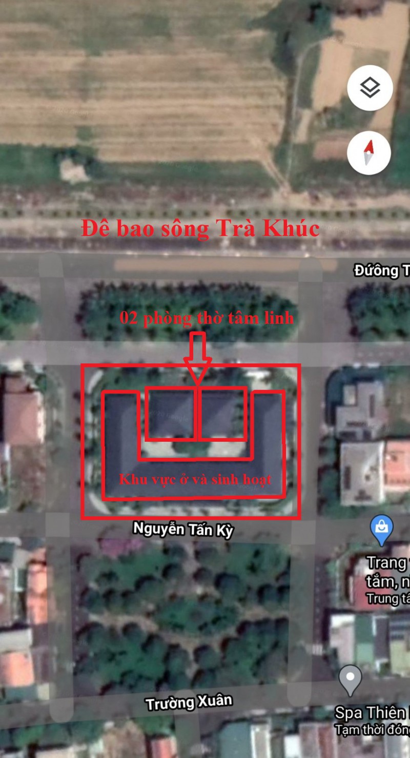 Vị trí dự án (dấu vuông đỏ) thuộc đất vàng nằm giữa 04 con đường nhựa khang trang. Ảnh chụp từ vệ tinh.