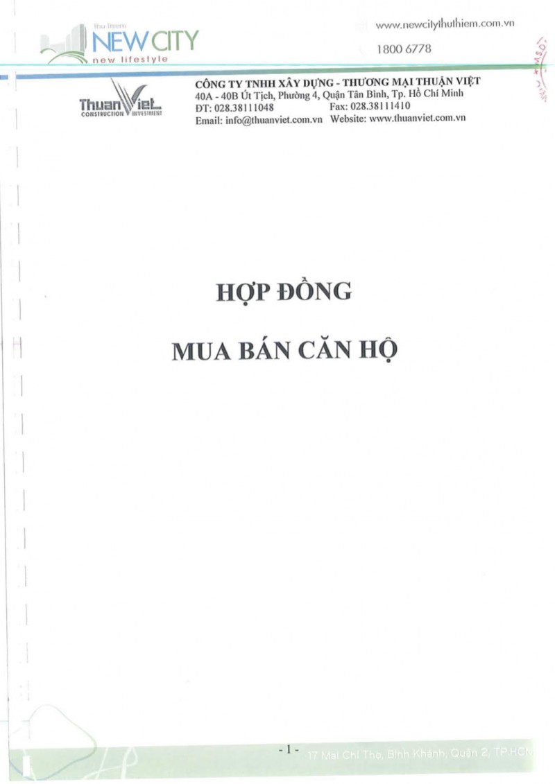 Hợp đồng mua bán căn hộ tại dự án Newcity Thủ Thiêm