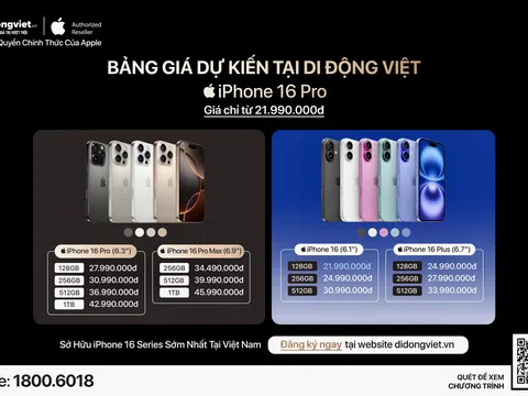 Di Động Việt chính thức mở đăng ký nhận thông tin iPhone 16 series, giá bán dự kiến từ 21,99 triệu đồng