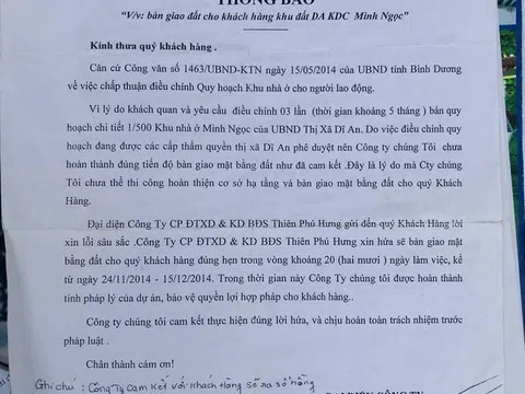 Dĩ An (Bình Dương): Thiên Phú Hưng mở bán Dự án Khu dân cư Minh Ngọc khi chưa đủ điều kiện đưa vào kinh doanh