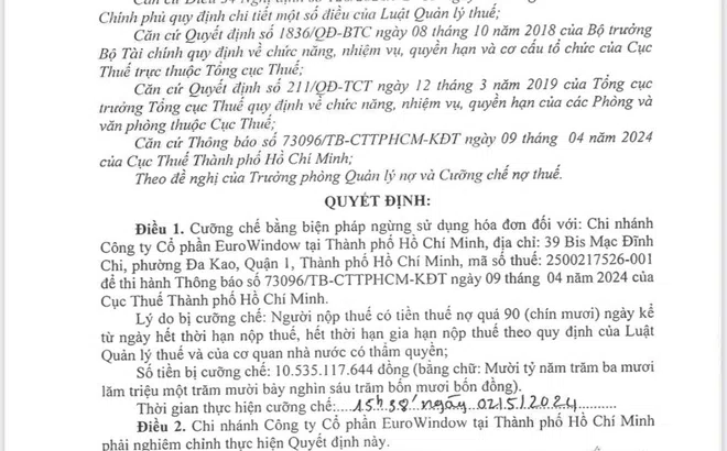 EuroWindow chi nhánh TP.HCM bị cưỡng chế thuế, ngừng sử dụng hóa đơn