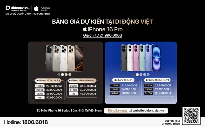 Di Động Việt chính thức mở đăng ký nhận thông tin iPhone 16 series, giá bán dự kiến từ 21,99 triệu đồng